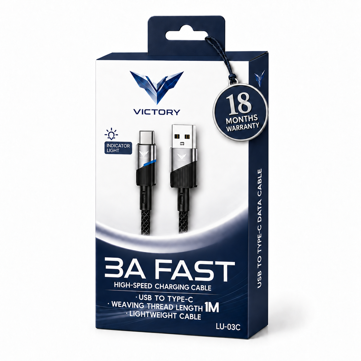 VICTORY LU-03C USB-A to USB-C 3A cable, 1 m